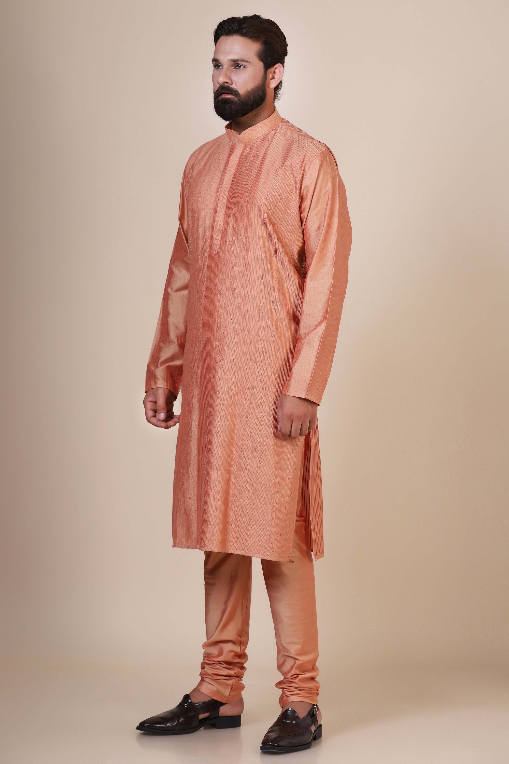 Embrace elegance and comfort in our Peach kurta pajama, tailored from blended cotton. Shop Now!