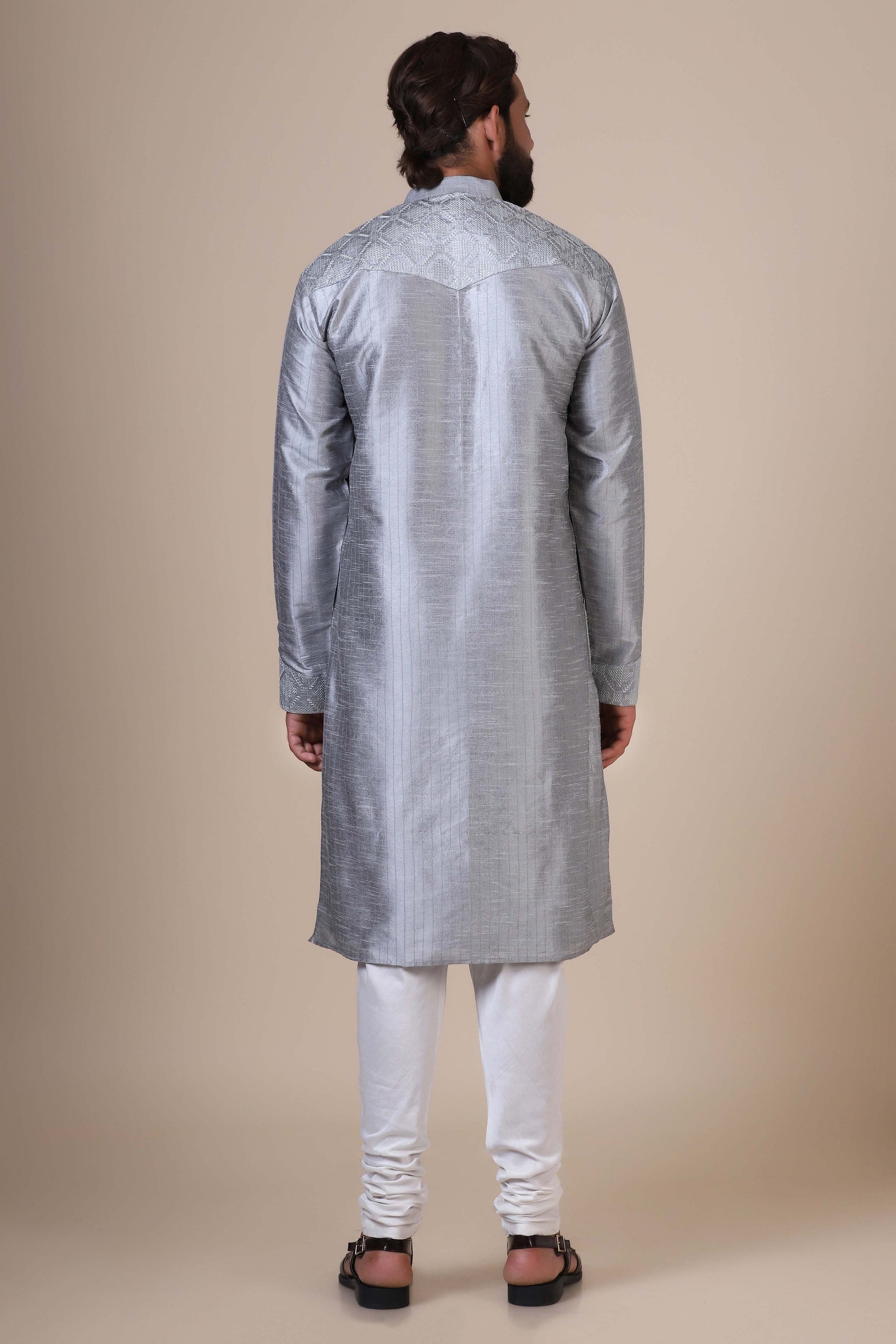 Indulge in with our Grey kurta pajama, crafted from blended cotton and silk fabric. Shop Now!