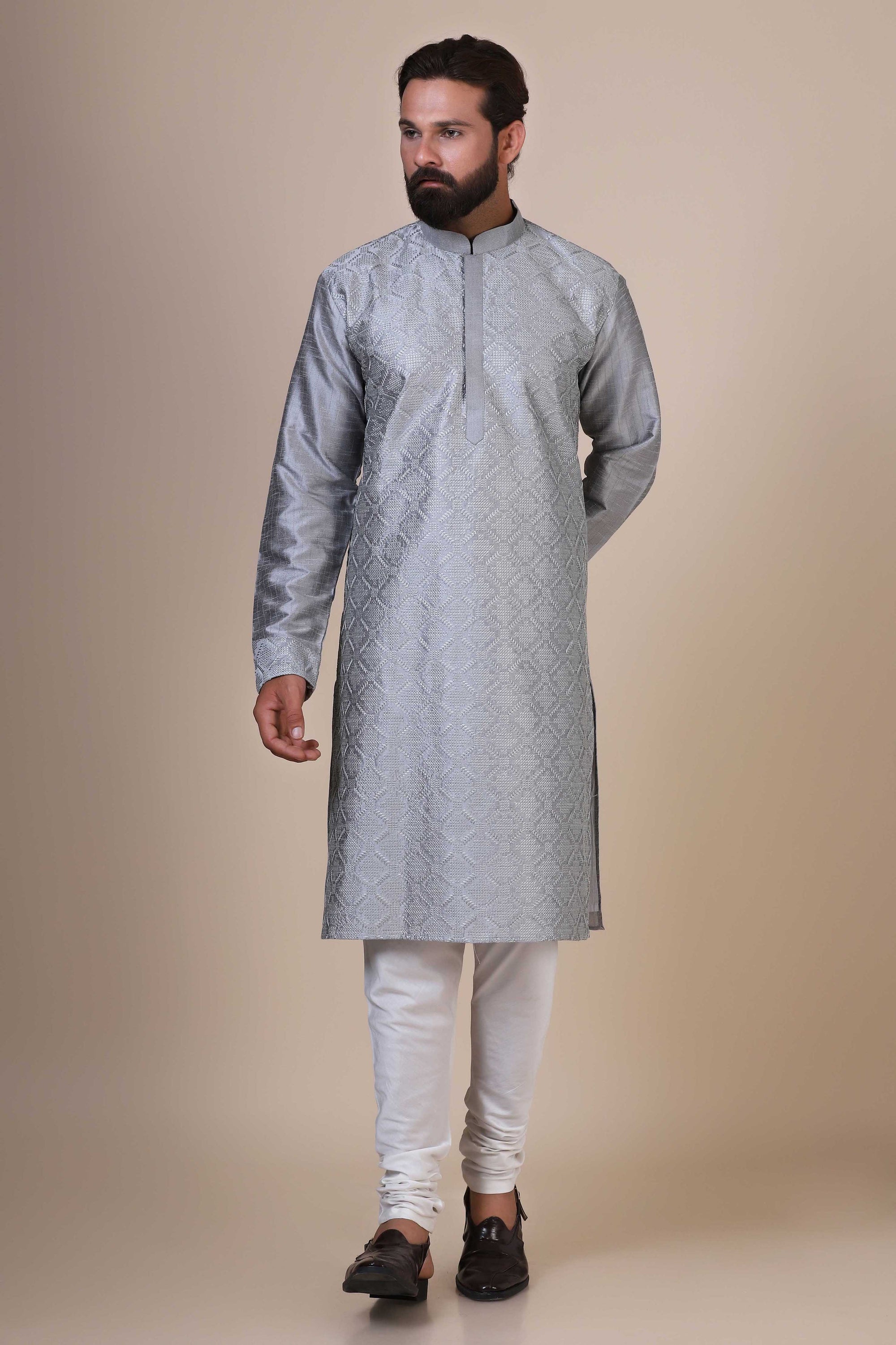 Indulge in with our Grey kurta pajama, crafted from blended cotton and silk fabric. Shop Now!