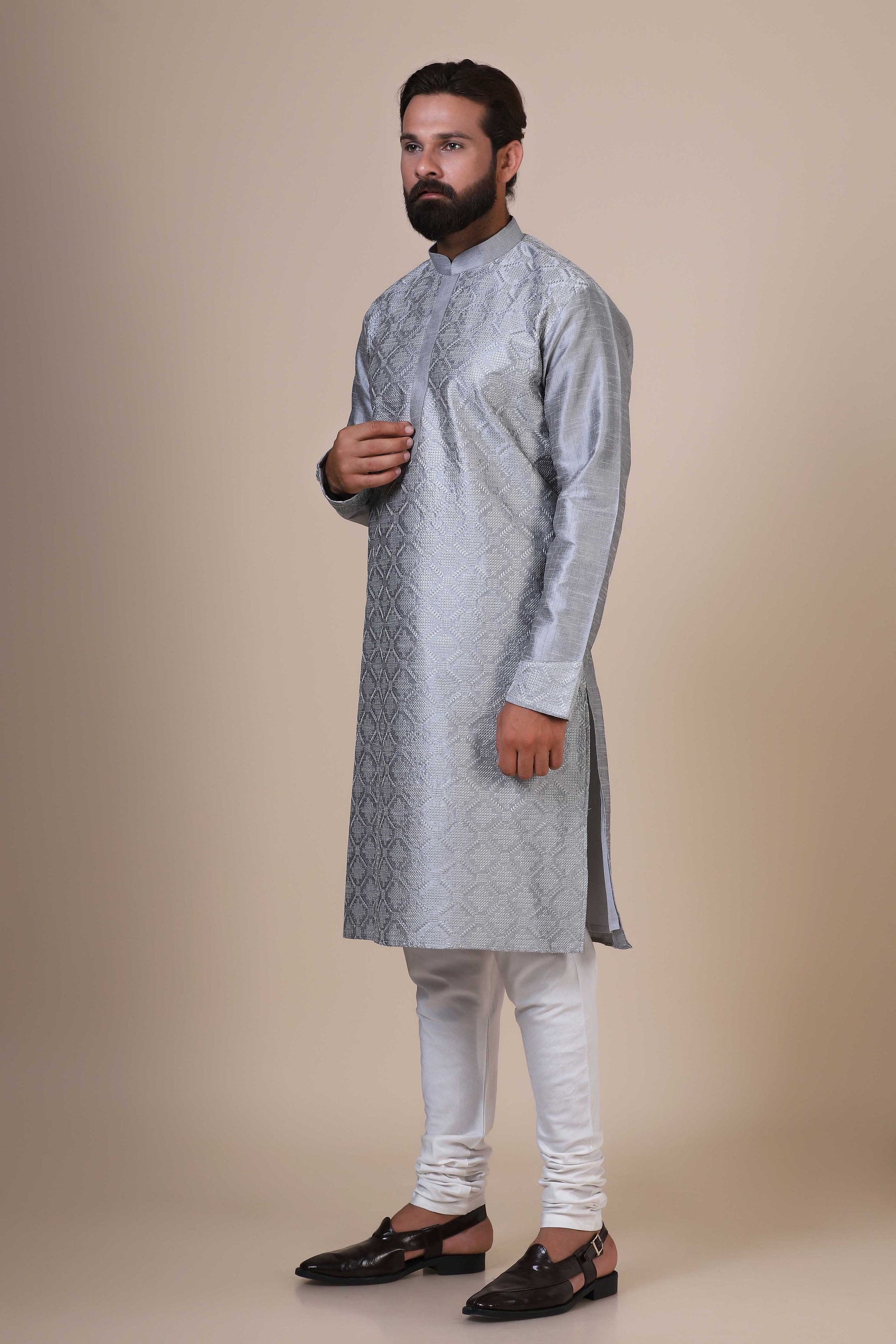 Indulge in with our Grey kurta pajama, crafted from blended cotton and silk fabric. Shop Now!