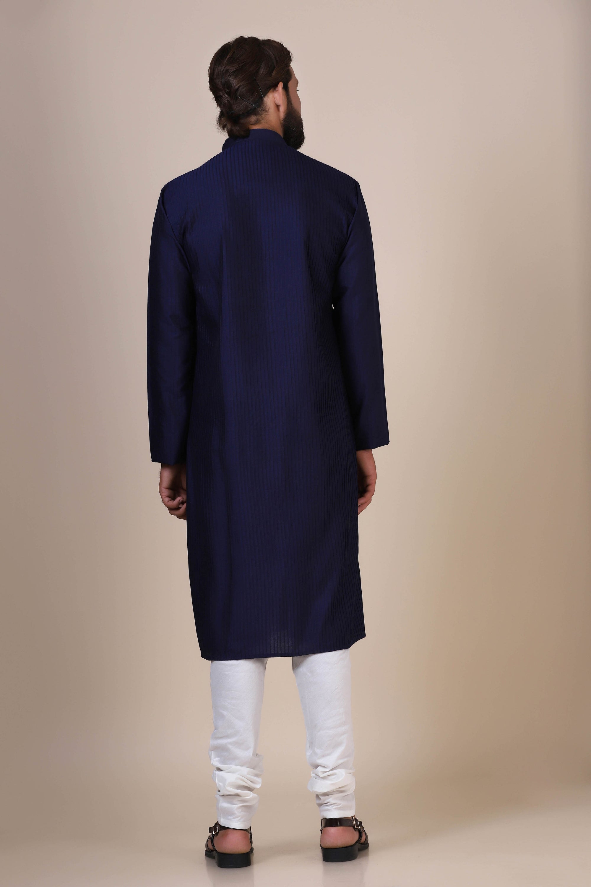 Indulge in comfort with Navy kurta pajama, crafted from blended cotton and silk fabric. Shop Now!