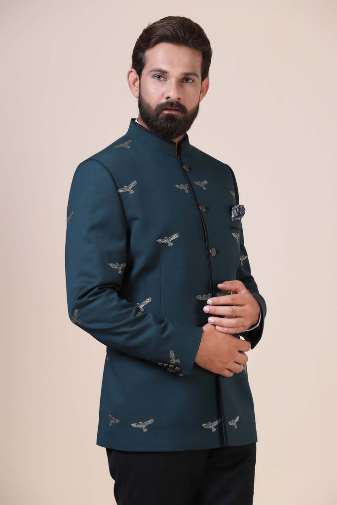 Elevate your style with our Teal Bandhgala suit, tailored from pure wool fabric. Shop Now!