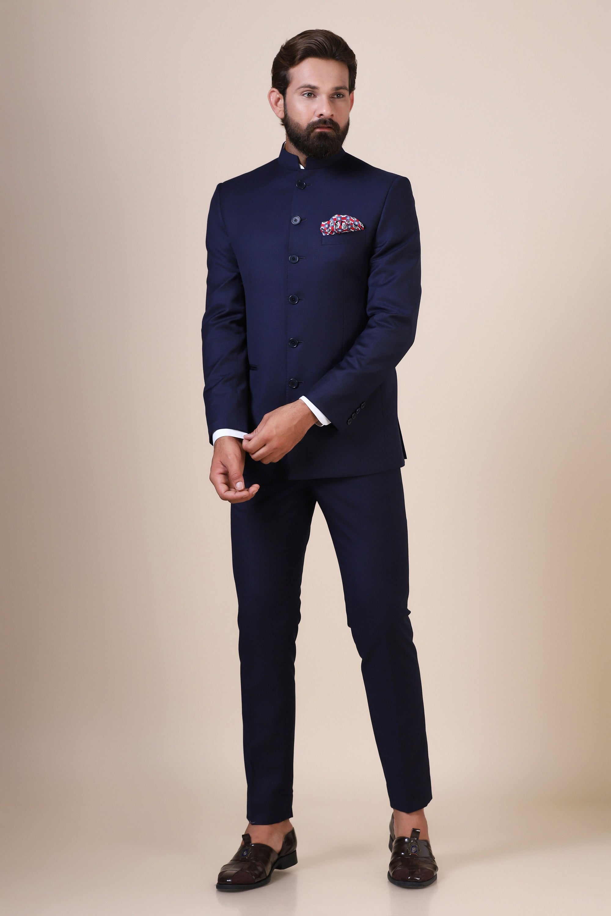 Elevate your wardrobe with this navy blue bandhgala Suit.Shop now!