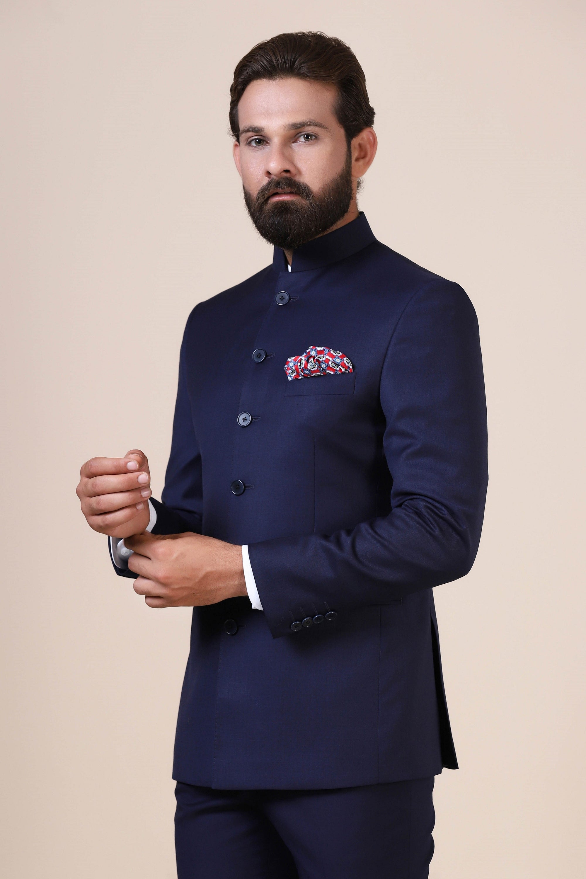 Elevate your wardrobe with this navy blue bandhgala Suit.Shop now!