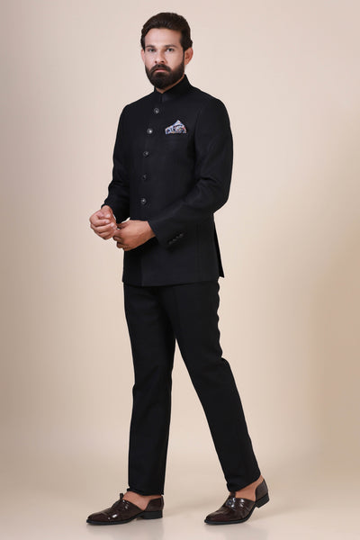 Linen Bandhgala Black Suit Solid Design