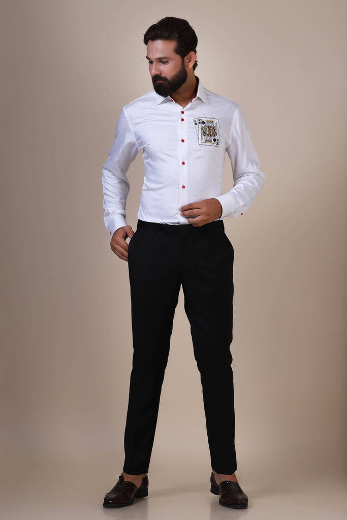 Tailored from fine white cotton, this evening shirt stands out with embroidered Ace and King of Spades on the left chest section.