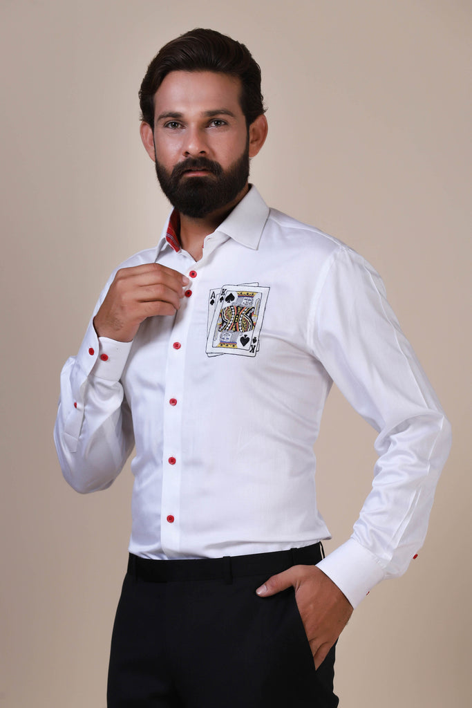 Tailored from fine white cotton, this evening shirt stands out with embroidered Ace and King of Spades on the left chest section.