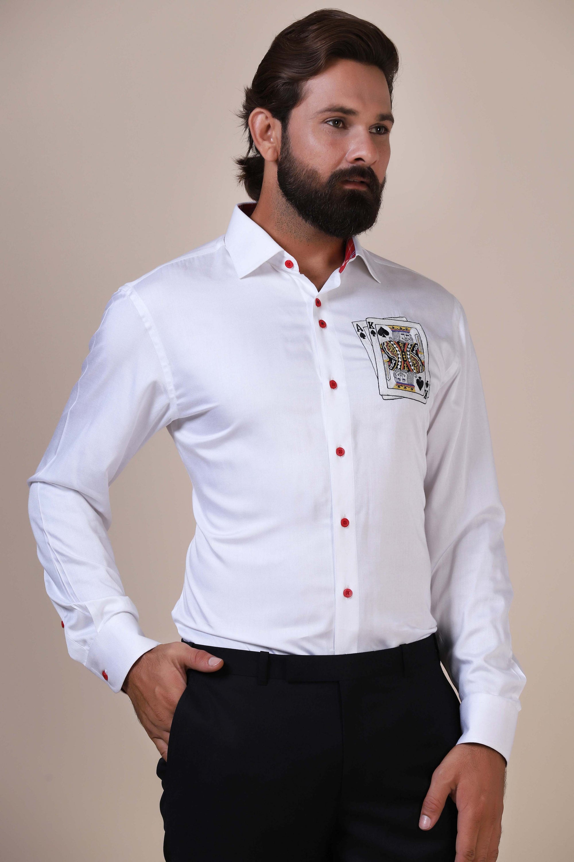 This evening shirt stands out with embroidered Ace & King of Spades. Shop now!
