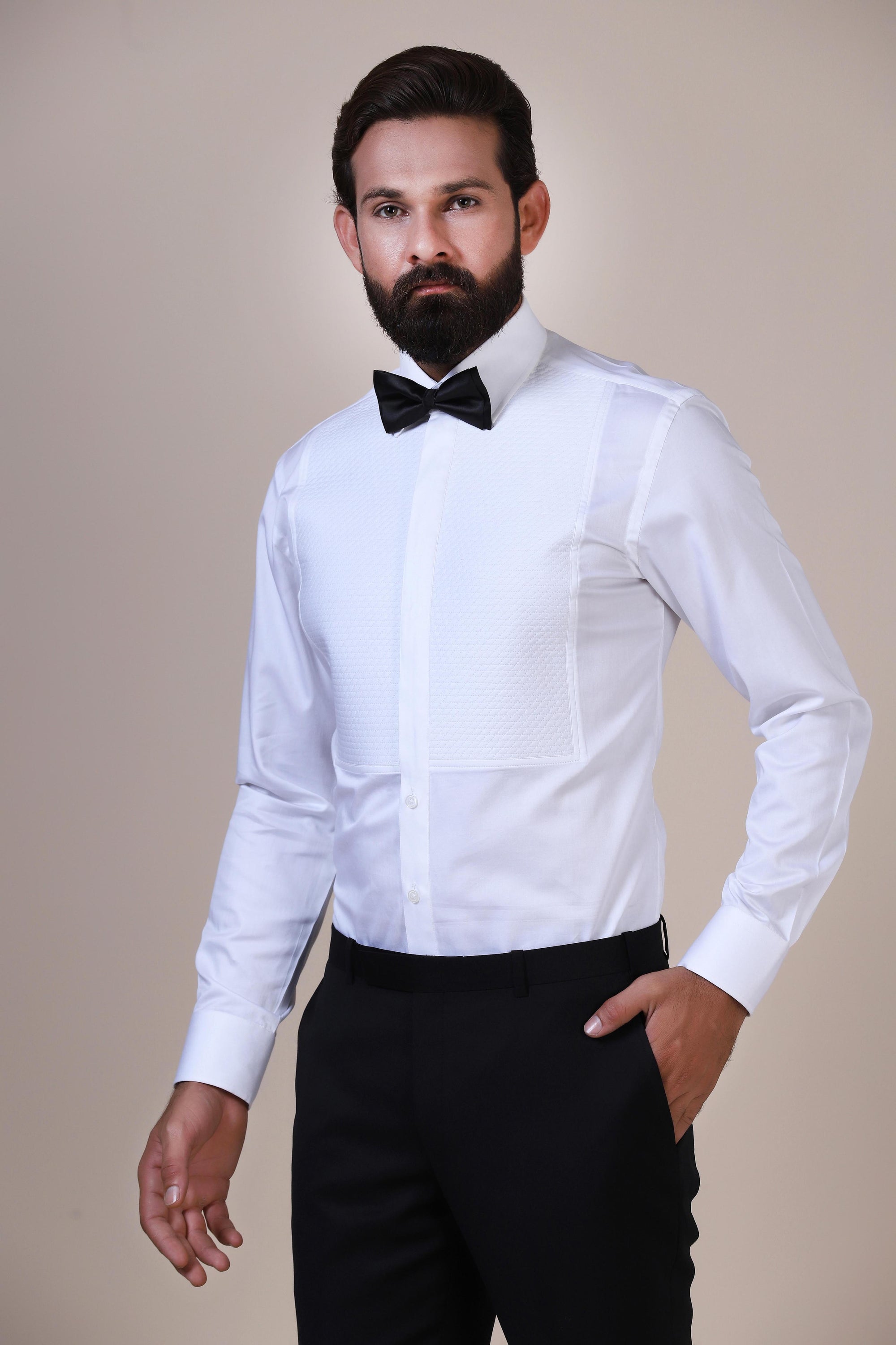 Elevate your style with this white classic tuxedo shirt. Shop Now!
