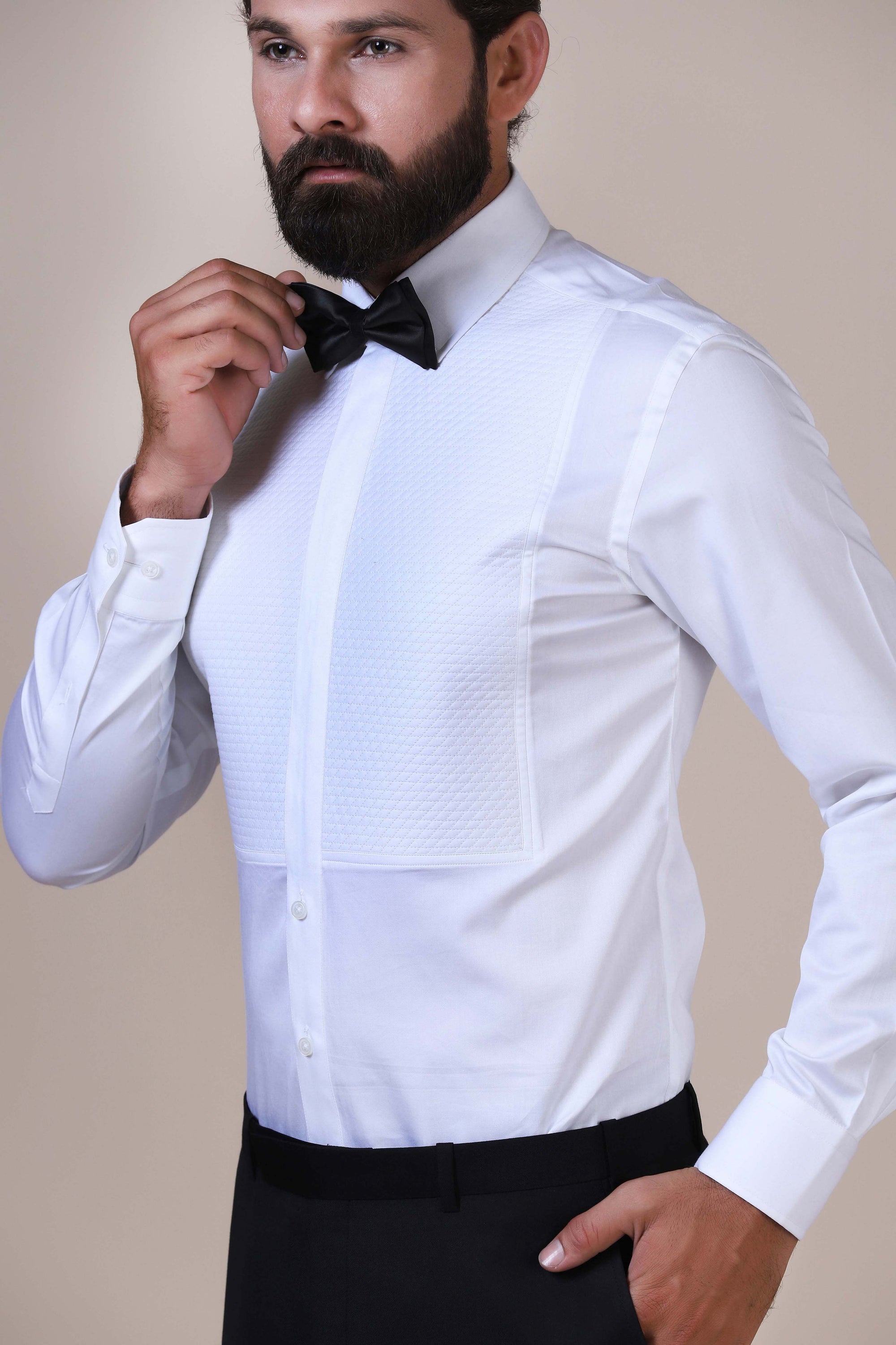 Elevate your style with this white classic tuxedo shirt. Shop Now!
