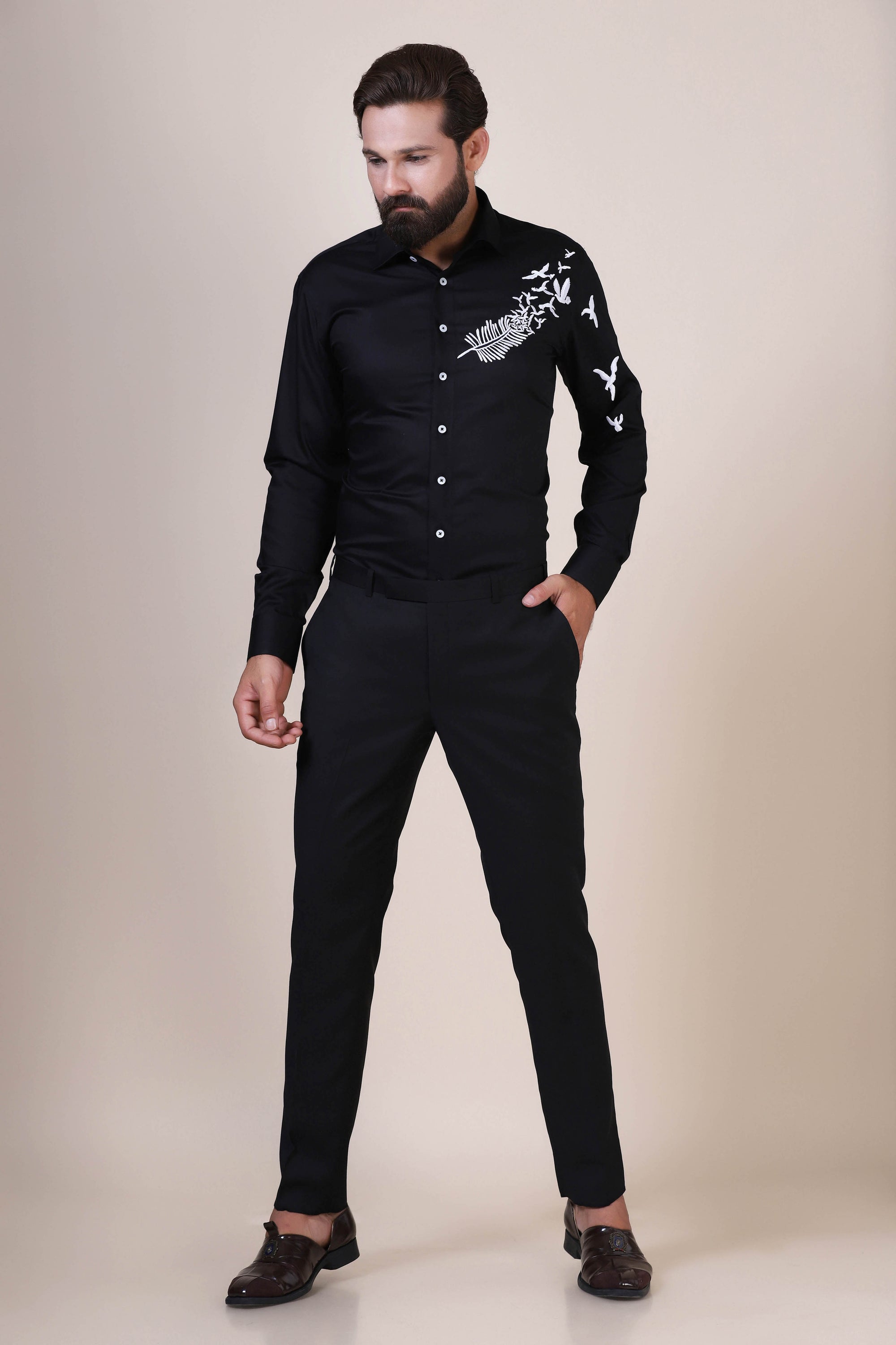 Black Shirt with Birds Embroidery for men that offers comfort and style effortlessly. Shop Now!