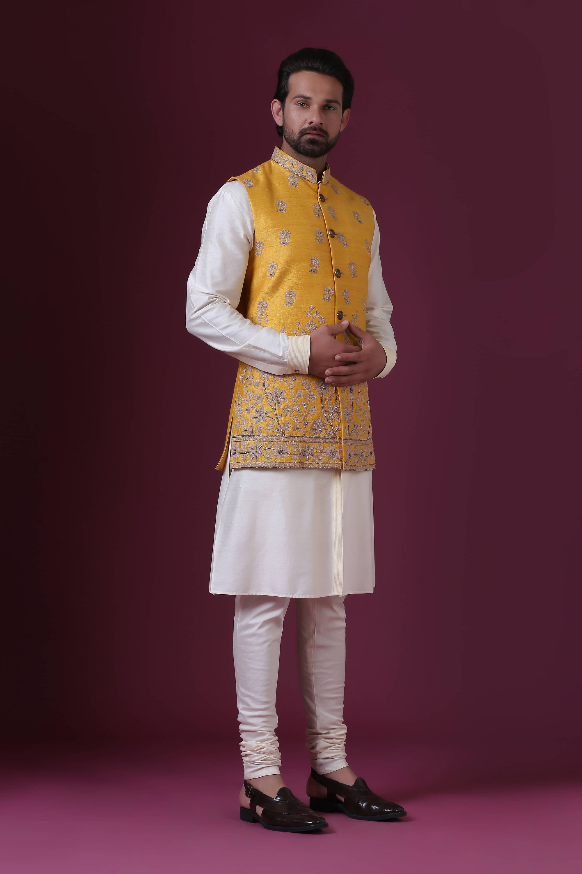 Indulge in exclusivity with our Haldi-colored Nehru Jacket set. Shop Now!