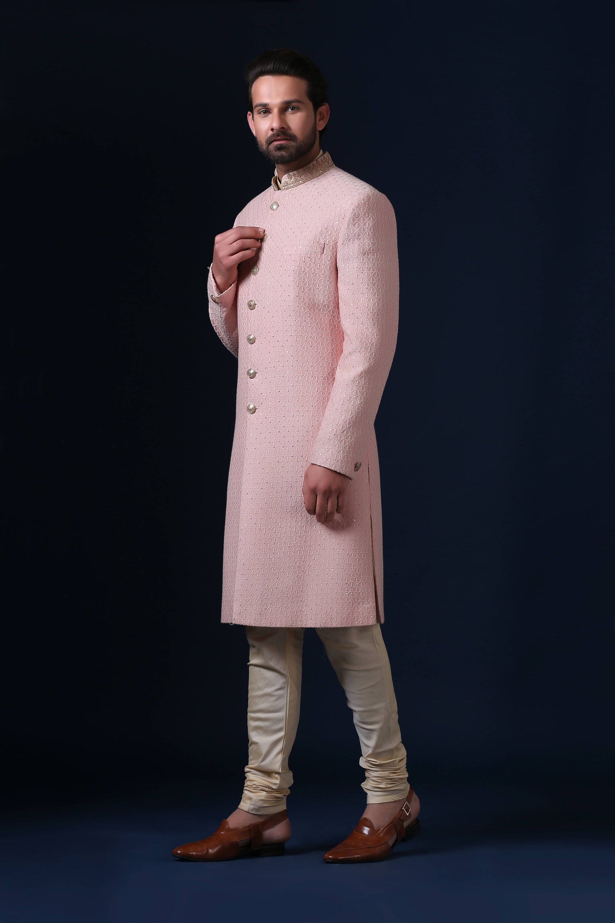 This light pink Indowestern is made using traditional Lucknowi fabric. Shop Now!