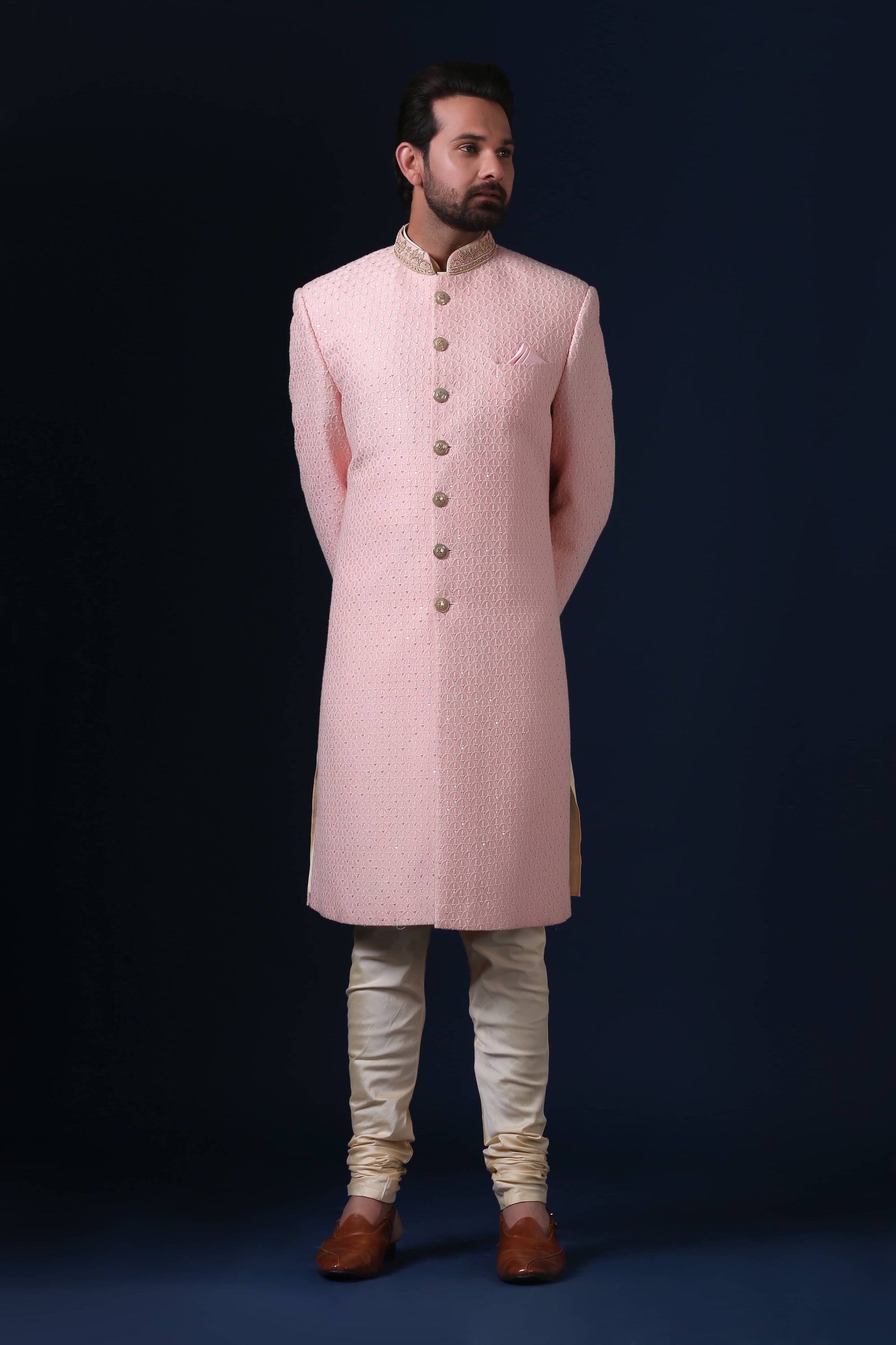 This light pink Indowestern is made using traditional Lucknowi fabric. Shop Now!