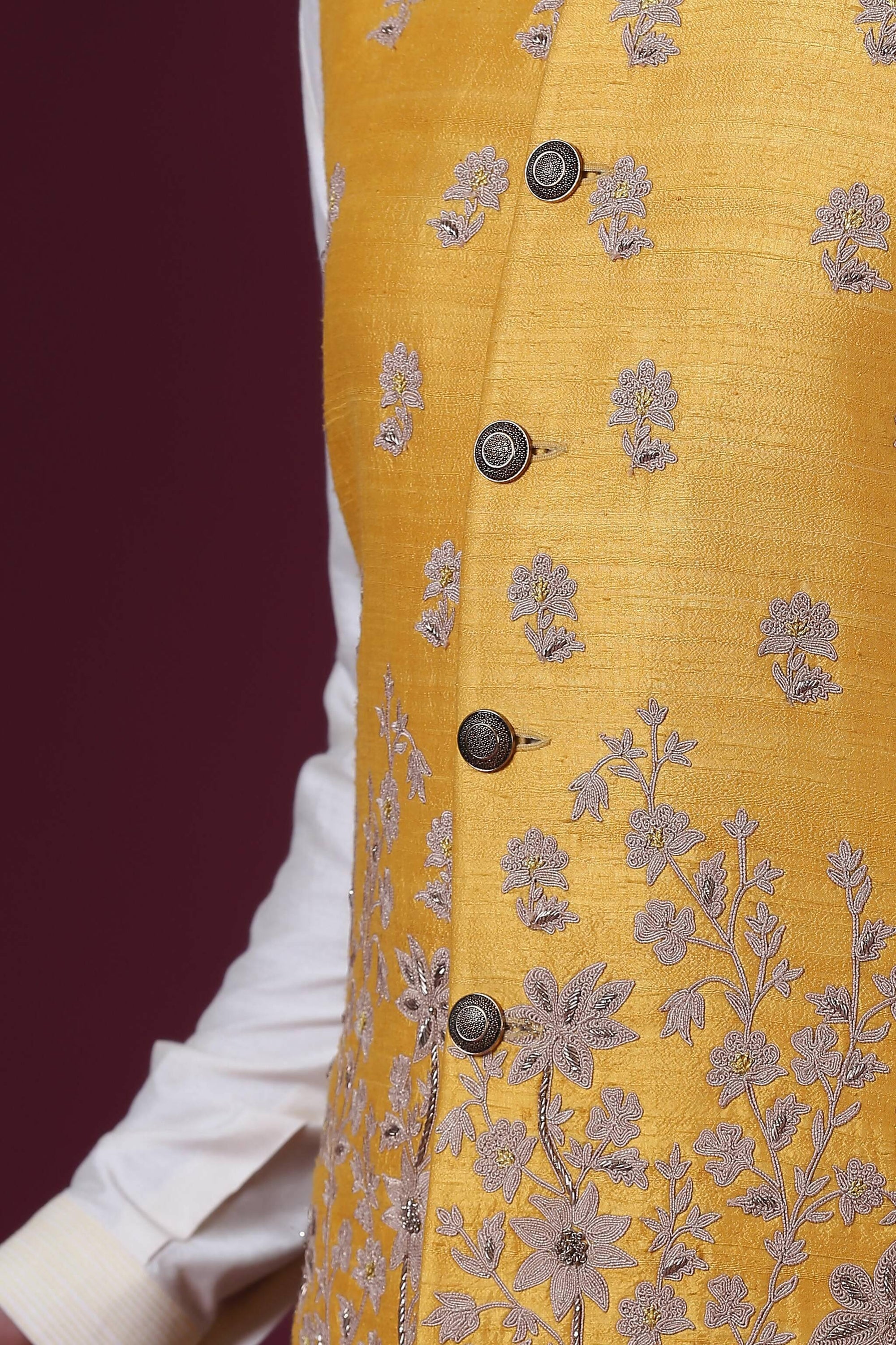 Indulge in exclusivity with our Haldi-colored Nehru Jacket set. Shop Now!