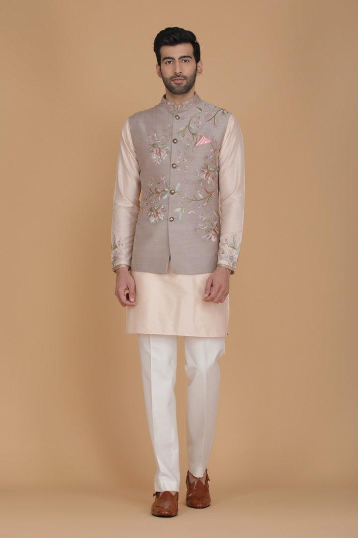 Embrace elegance with our Nehru jacket featuring floral embroidery. Shop Now!