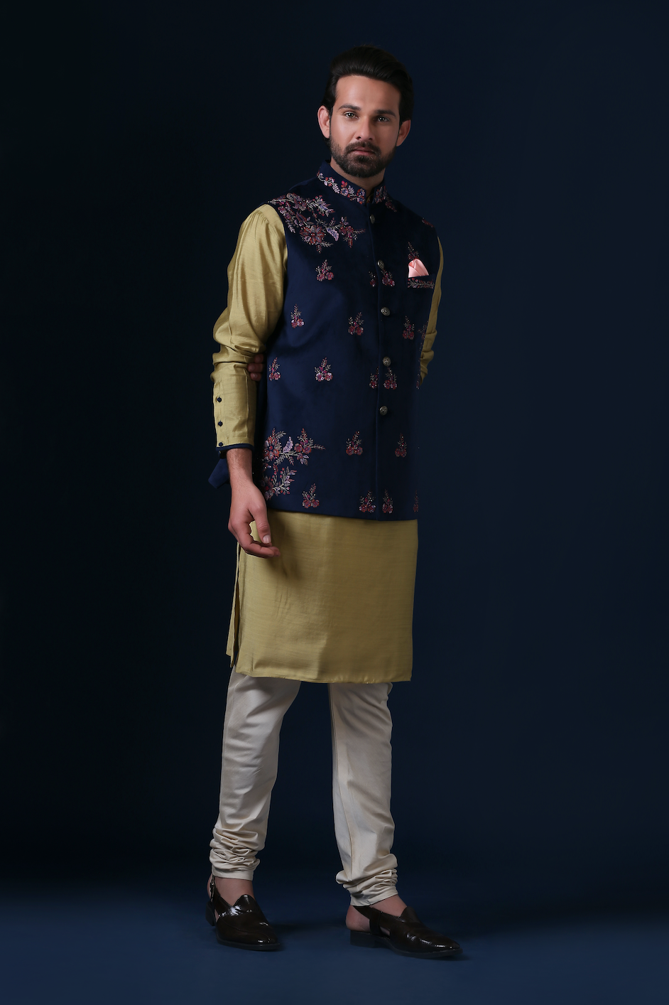 Elevate your style with our Navy Blue velvet Nehru jacket. Shop Now!